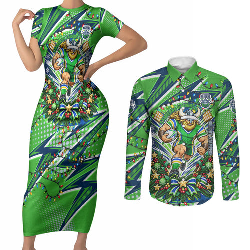 Personalized Canberra Raiders Rugby Christmas Couples Matching Short Sleeve Bodycon Dress and Long Sleeve Button Shirt Holiday Mascot Graphic Art Festive Lights Bow