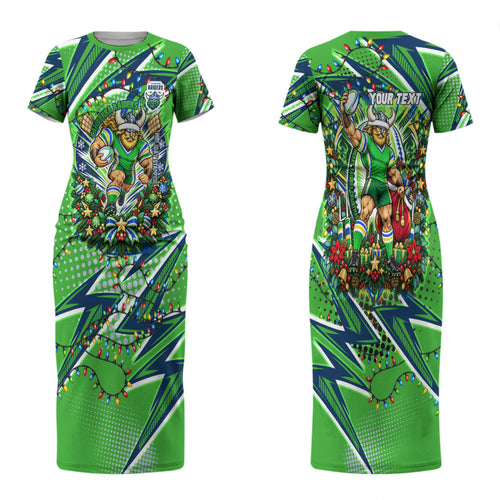 Personalized Canberra Raiders Rugby Christmas Couples Matching Short Sleeve Bodycon Dress and Long Sleeve Button Shirt Holiday Mascot Graphic Art Festive Lights Bow