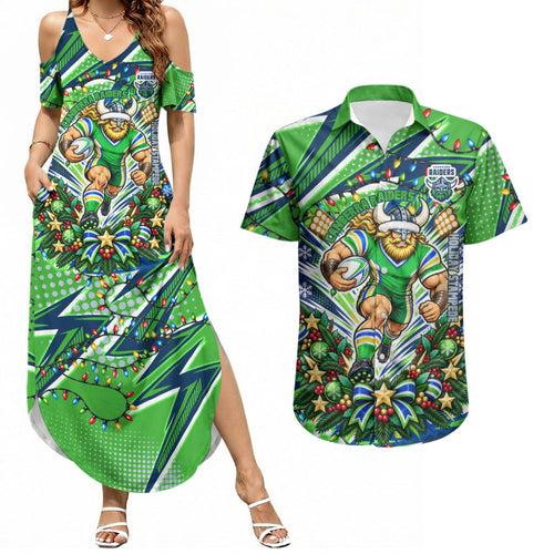 Personalized Canberra Raiders Rugby Christmas Couples Matching Summer Maxi Dress and Hawaiian Shirt Holiday Mascot Graphic Art Festive Lights Bow