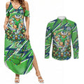 Personalized Canberra Raiders Rugby Christmas Couples Matching Summer Maxi Dress and Long Sleeve Button Shirt Holiday Mascot Graphic Art Festive Lights Bow