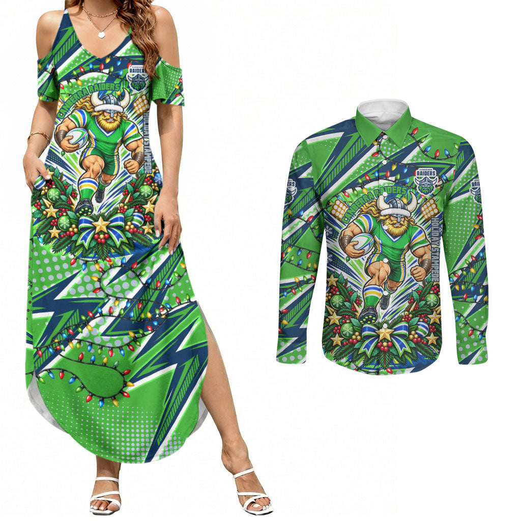 Personalized Canberra Raiders Rugby Christmas Couples Matching Summer Maxi Dress and Long Sleeve Button Shirt Holiday Mascot Graphic Art Festive Lights Bow
