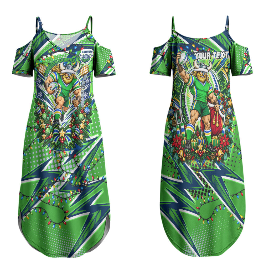 Personalized Canberra Raiders Rugby Christmas Couples Matching Summer Maxi Dress and Long Sleeve Button Shirt Holiday Mascot Graphic Art Festive Lights Bow