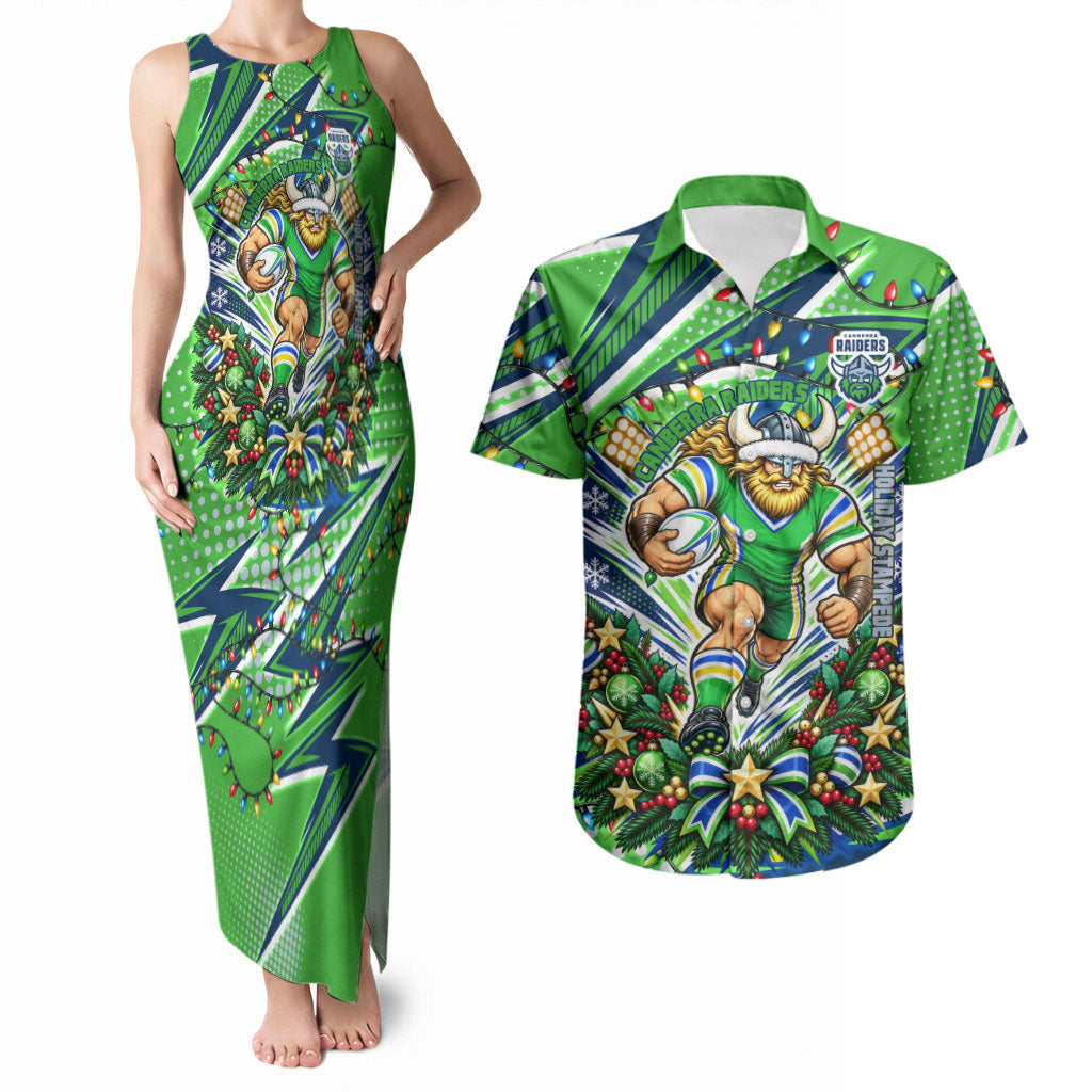 Personalized Canberra Raiders Rugby Christmas Couples Matching Tank Maxi Dress and Hawaiian Shirt Holiday Mascot Graphic Art Festive Lights Bow