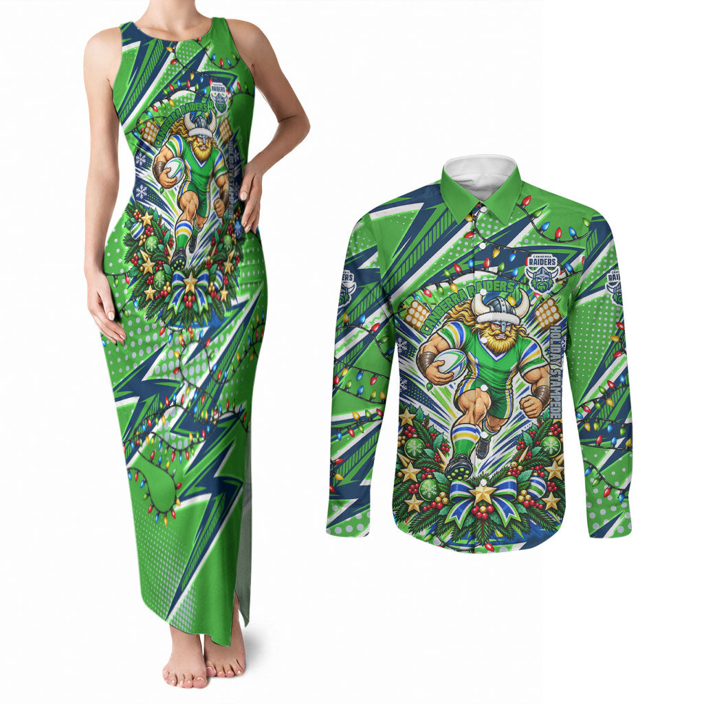 Personalized Canberra Raiders Rugby Christmas Couples Matching Tank Maxi Dress and Long Sleeve Button Shirt Holiday Mascot Graphic Art Festive Lights Bow