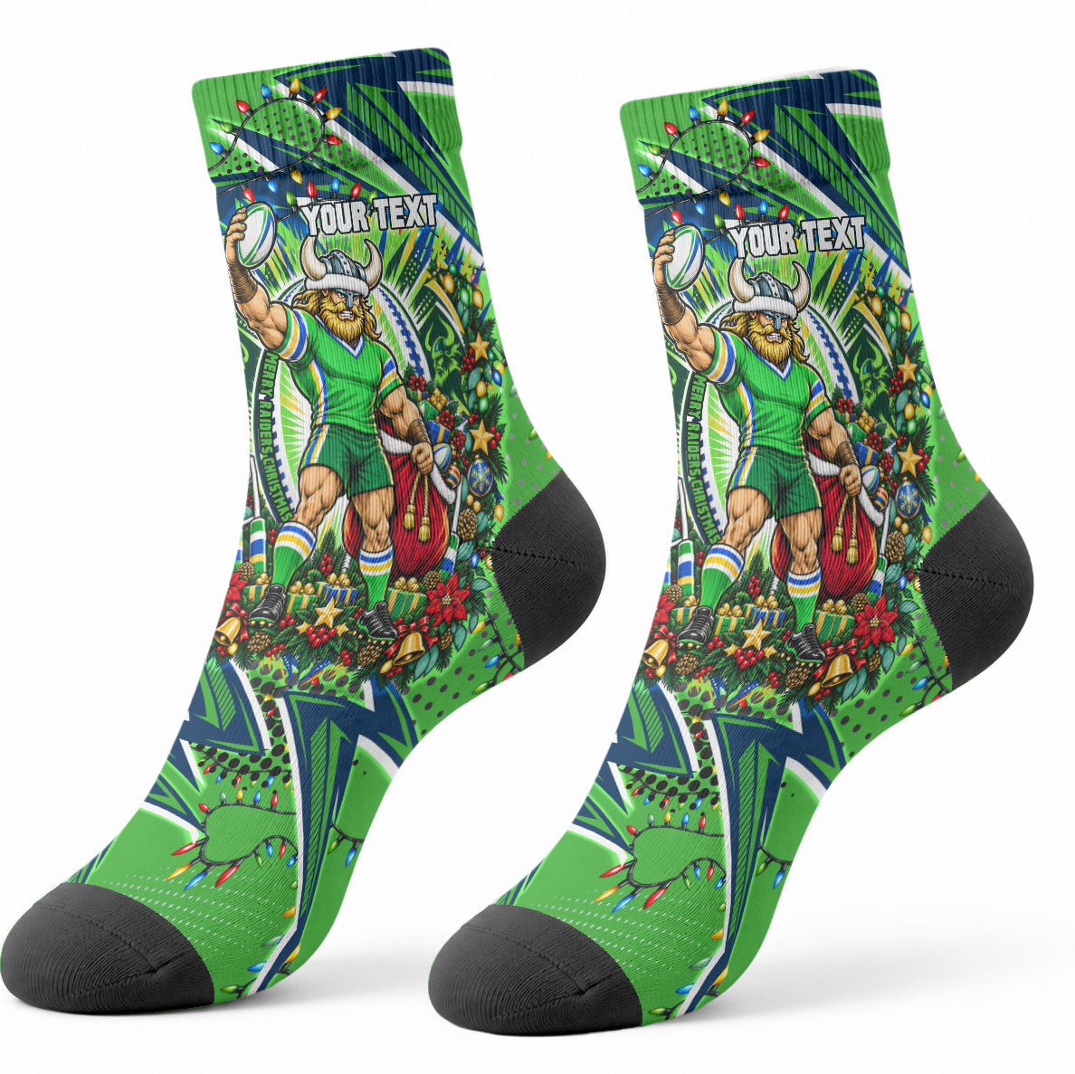 Personalized Canberra Raiders Rugby Christmas Crew Socks Holiday Mascot Graphic Art Festive Lights Bow