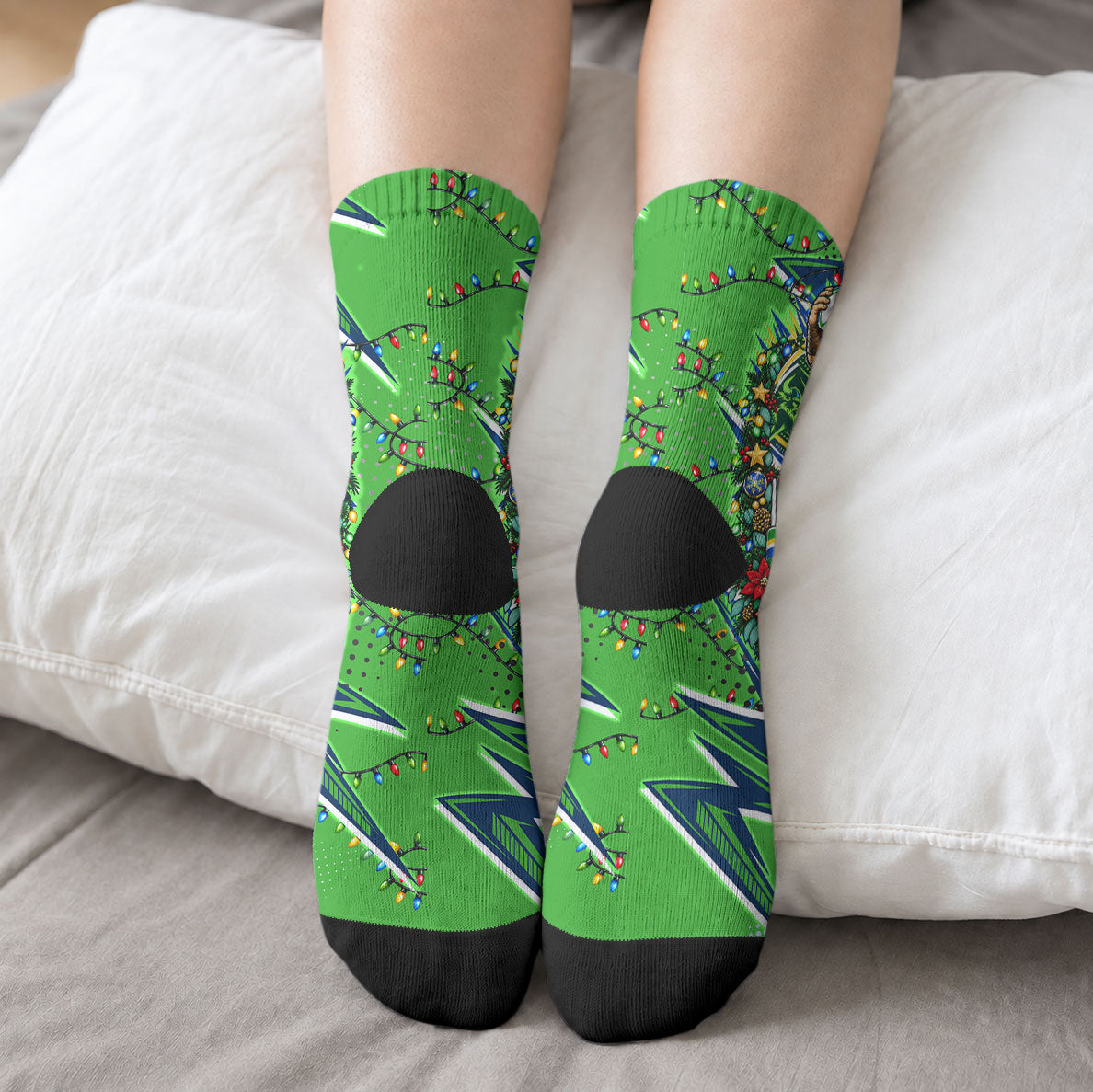 Personalized Canberra Raiders Rugby Christmas Crew Socks Holiday Mascot Graphic Art Festive Lights Bow