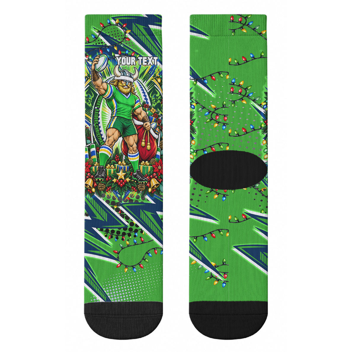Personalized Canberra Raiders Rugby Christmas Crew Socks Holiday Mascot Graphic Art Festive Lights Bow