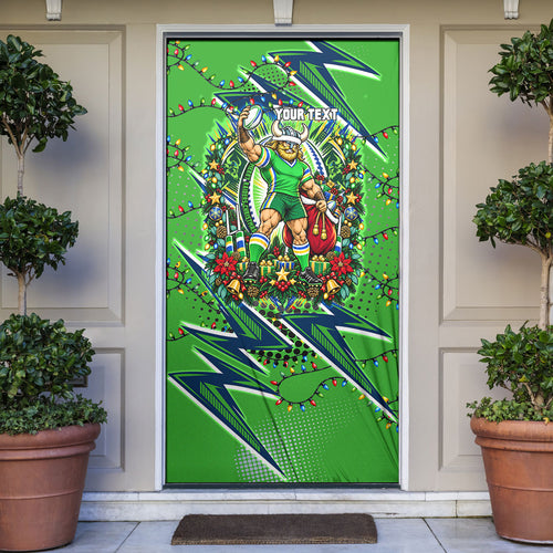 Personalized Canberra Raiders Rugby Christmas Door Cover Holiday Mascot Graphic Art Festive Lights Bow