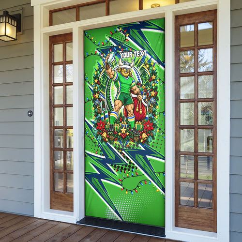 Personalized Canberra Raiders Rugby Christmas Door Cover Holiday Mascot Graphic Art Festive Lights Bow