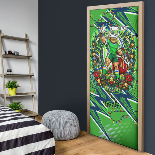 Personalized Canberra Raiders Rugby Christmas Door Cover Holiday Mascot Graphic Art Festive Lights Bow