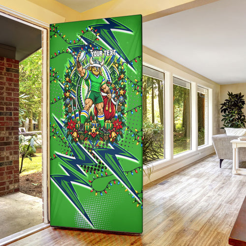Personalized Canberra Raiders Rugby Christmas Door Cover Holiday Mascot Graphic Art Festive Lights Bow