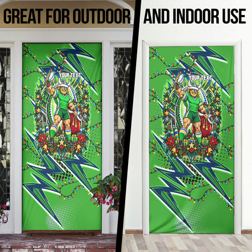 Personalized Canberra Raiders Rugby Christmas Door Cover Holiday Mascot Graphic Art Festive Lights Bow