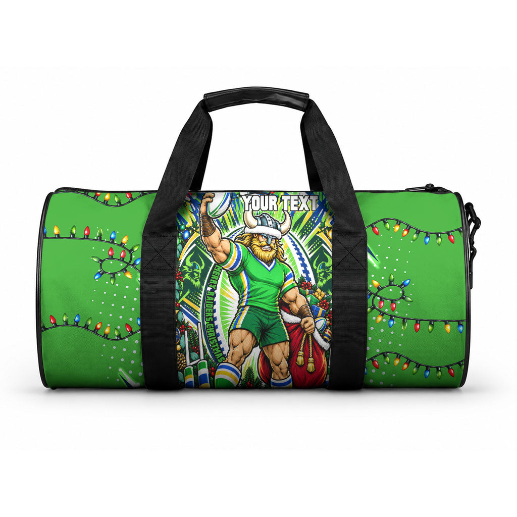 Personalized Canberra Raiders Rugby Christmas Duffle Bag Holiday Mascot Graphic Art Festive Lights Bow
