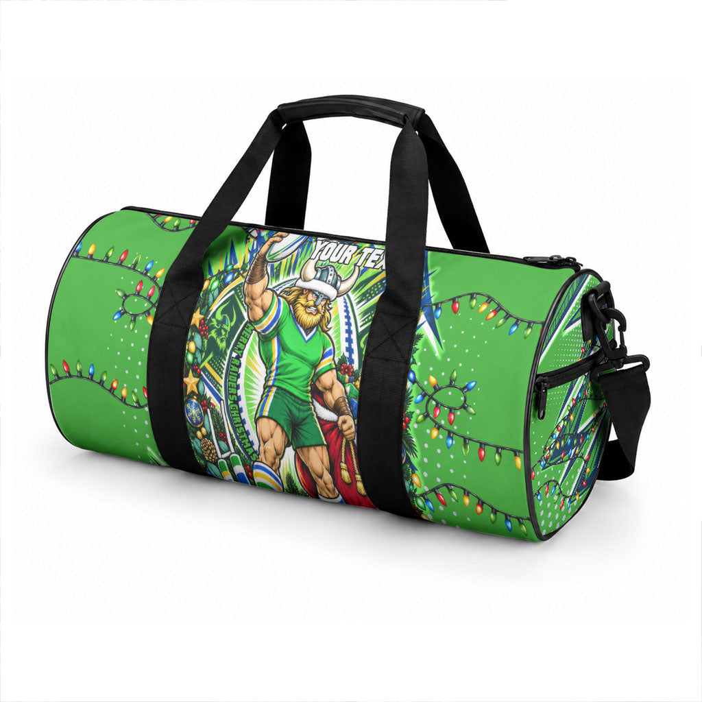 Personalized Canberra Raiders Rugby Christmas Duffle Bag Holiday Mascot Graphic Art Festive Lights Bow