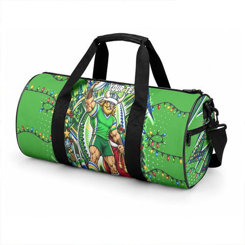 Personalized Canberra Raiders Rugby Christmas Duffle Bag Holiday Mascot Graphic Art Festive Lights Bow