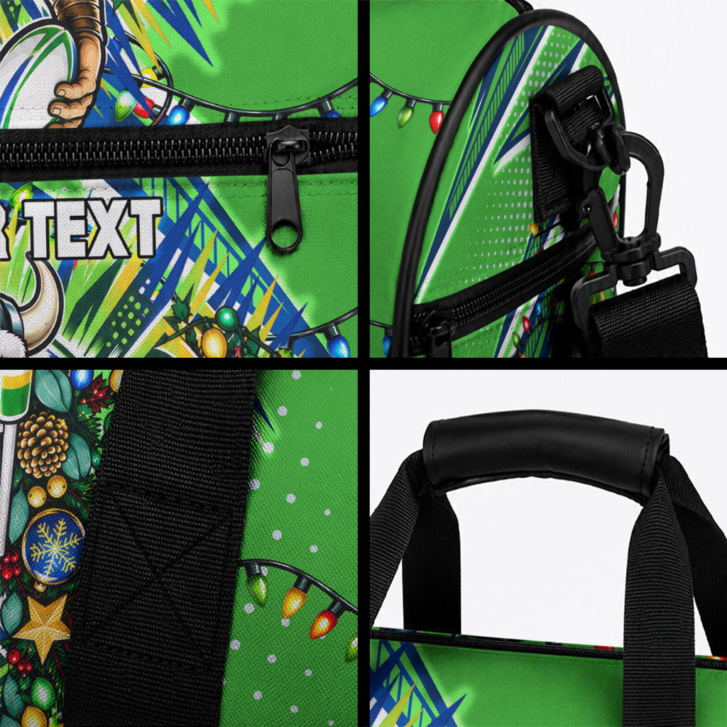 Personalized Canberra Raiders Rugby Christmas Duffle Bag Holiday Mascot Graphic Art Festive Lights Bow
