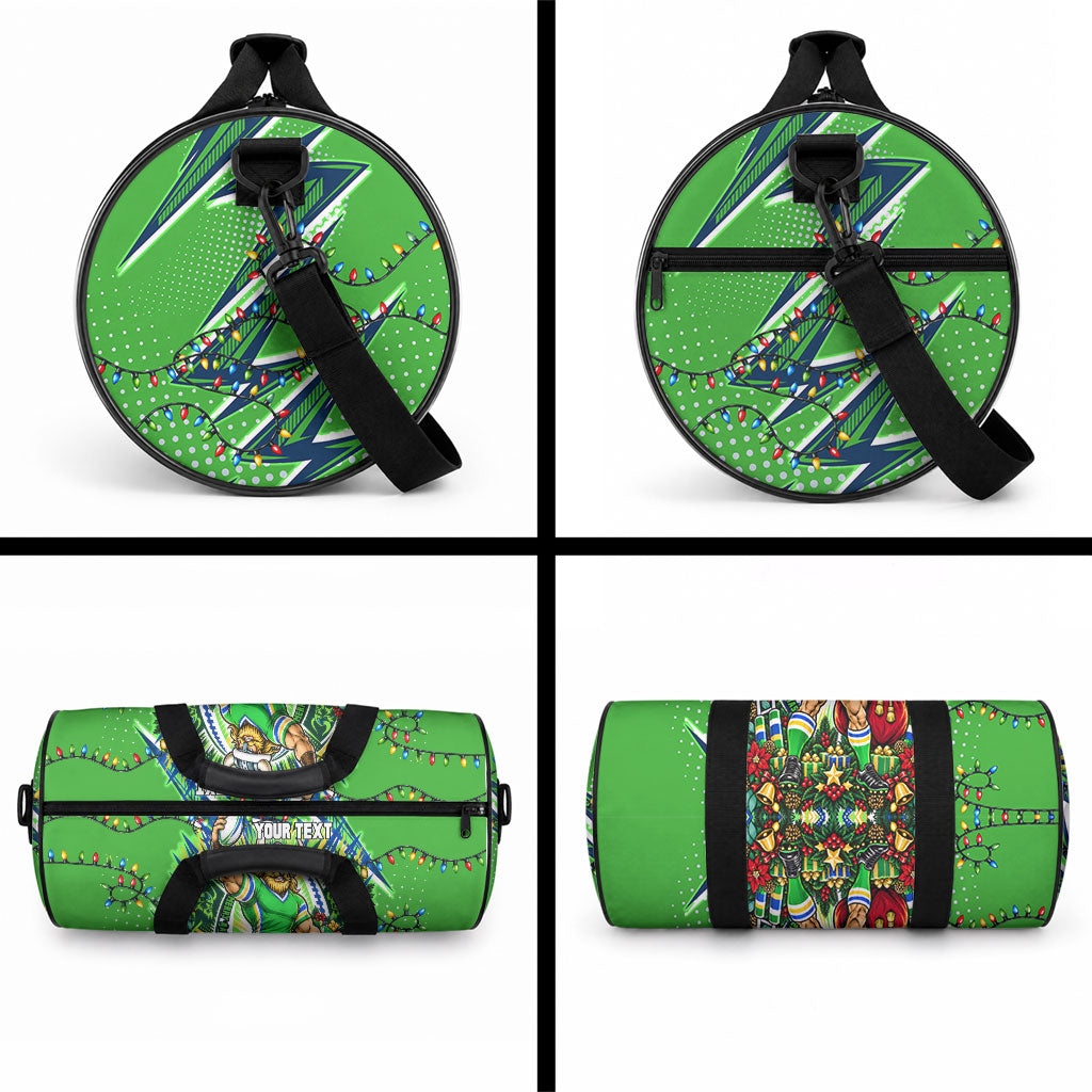 Personalized Canberra Raiders Rugby Christmas Duffle Bag Holiday Mascot Graphic Art Festive Lights Bow