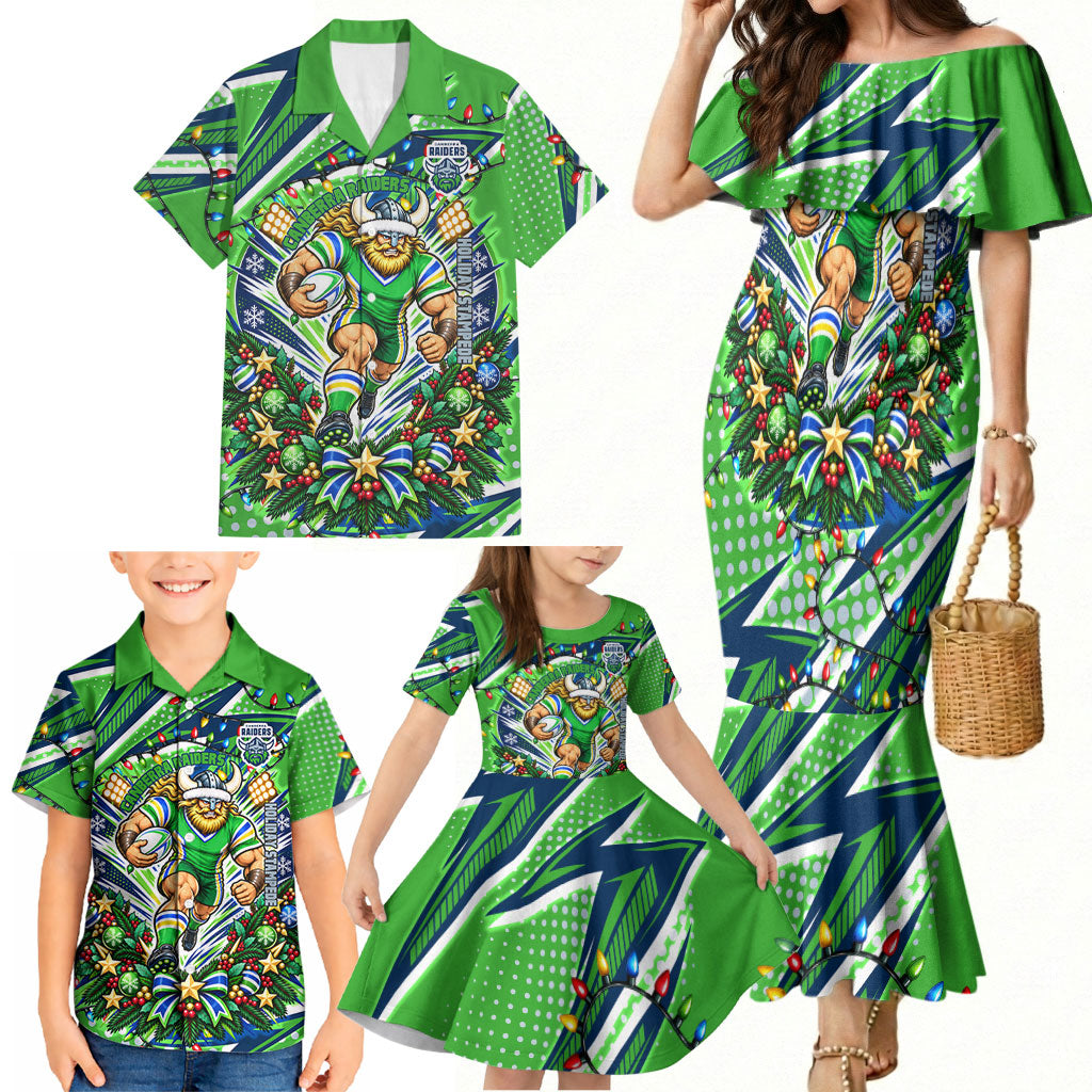 Personalized Canberra Raiders Rugby Christmas Family Matching Mermaid Dress and Hawaiian Shirt Holiday Mascot Graphic Art Festive Lights Bow