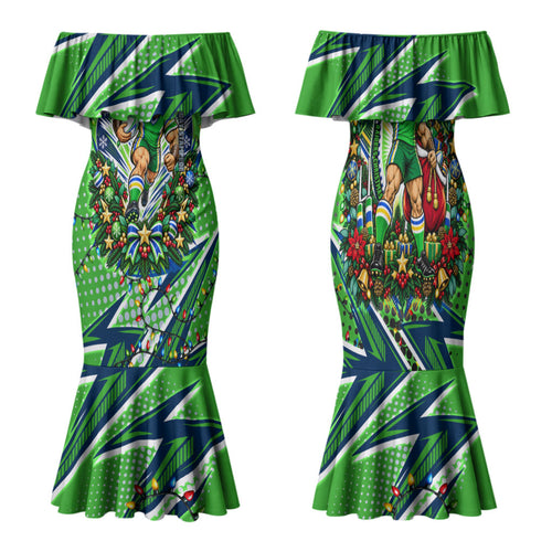 Personalized Canberra Raiders Rugby Christmas Family Matching Mermaid Dress and Hawaiian Shirt Holiday Mascot Graphic Art Festive Lights Bow