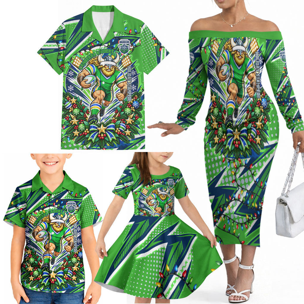 Personalized Canberra Raiders Rugby Christmas Family Matching Off The Shoulder Long Sleeve Dress and Hawaiian Shirt Holiday Mascot Graphic Art Festive Lights Bow