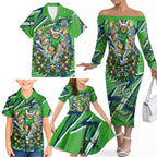 Personalized Canberra Raiders Rugby Christmas Family Matching Off The Shoulder Long Sleeve Dress and Hawaiian Shirt Holiday Mascot Graphic Art Festive Lights Bow
