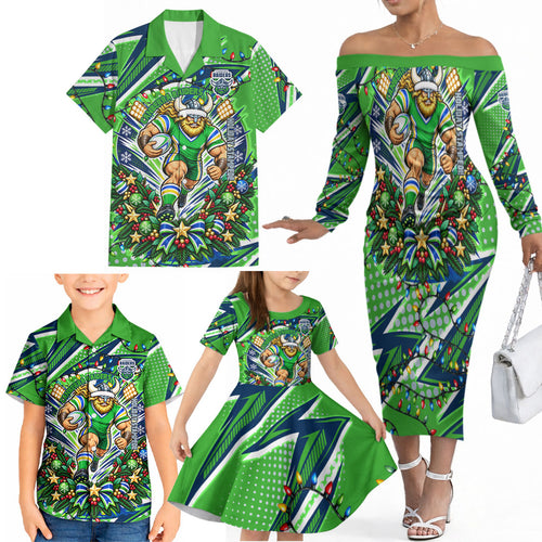Personalized Canberra Raiders Rugby Christmas Family Matching Off The Shoulder Long Sleeve Dress and Hawaiian Shirt Holiday Mascot Graphic Art Festive Lights Bow