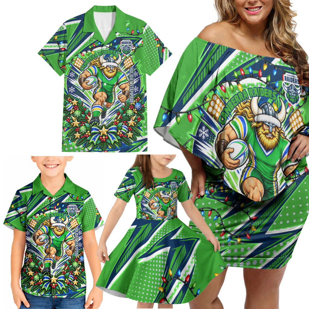 Personalized Canberra Raiders Rugby Christmas Family Matching Off Shoulder Short Dress and Hawaiian Shirt Holiday Mascot Graphic Art Festive Lights Bow