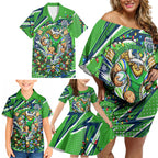 Personalized Canberra Raiders Rugby Christmas Family Matching Off Shoulder Short Dress and Hawaiian Shirt Holiday Mascot Graphic Art Festive Lights Bow