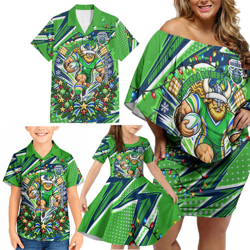 Personalized Canberra Raiders Rugby Christmas Family Matching Off Shoulder Short Dress and Hawaiian Shirt Holiday Mascot Graphic Art Festive Lights Bow