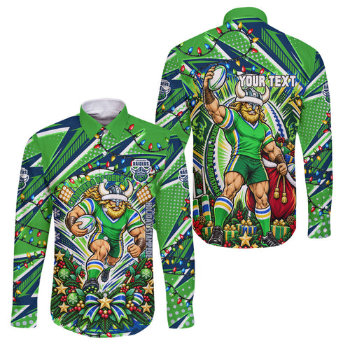 Personalized Canberra Raiders Rugby Christmas Family Matching Off Shoulder Short Dress and Hawaiian Shirt Holiday Mascot Graphic Art Festive Lights Bow