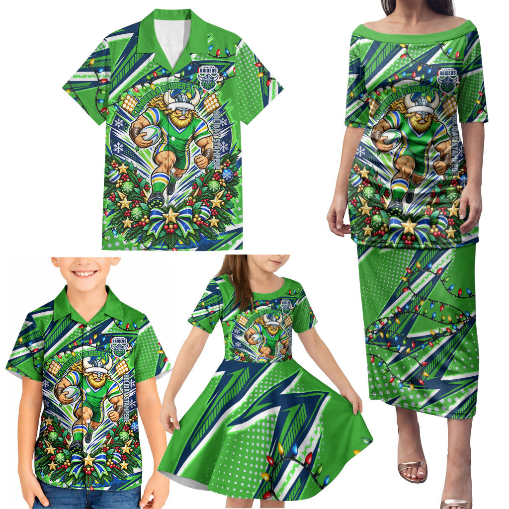 Personalized Canberra Raiders Rugby Christmas Family Matching Puletasi and Hawaiian Shirt Holiday Mascot Graphic Art Festive Lights Bow