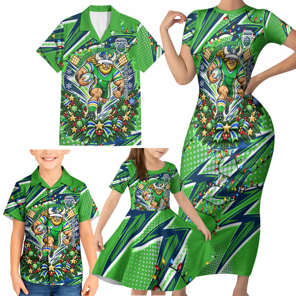 Personalized Canberra Raiders Rugby Christmas Family Matching Short Sleeve Bodycon Dress and Hawaiian Shirt Holiday Mascot Graphic Art Festive Lights Bow