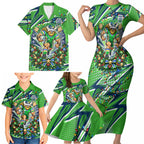 Personalized Canberra Raiders Rugby Christmas Family Matching Short Sleeve Bodycon Dress and Hawaiian Shirt Holiday Mascot Graphic Art Festive Lights Bow