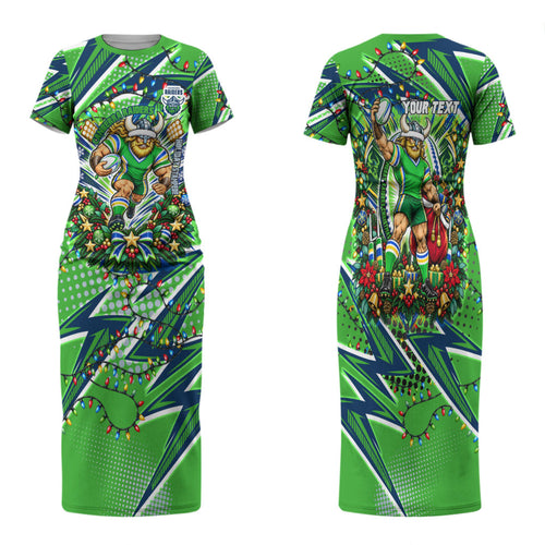 Personalized Canberra Raiders Rugby Christmas Family Matching Short Sleeve Bodycon Dress and Hawaiian Shirt Holiday Mascot Graphic Art Festive Lights Bow