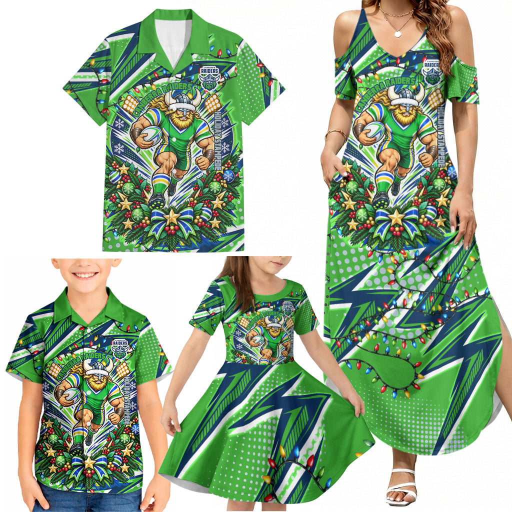 Personalized Canberra Raiders Rugby Christmas Family Matching Summer Maxi Dress and Hawaiian Shirt Holiday Mascot Graphic Art Festive Lights Bow