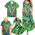 Personalized Canberra Raiders Rugby Christmas Family Matching Summer Maxi Dress and Hawaiian Shirt Holiday Mascot Graphic Art Festive Lights Bow