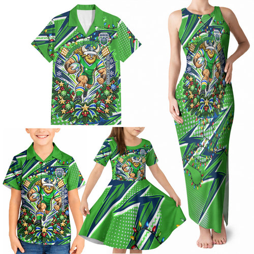 Personalized Canberra Raiders Rugby Christmas Family Matching Tank Maxi Dress and Hawaiian Shirt Holiday Mascot Graphic Art Festive Lights Bow