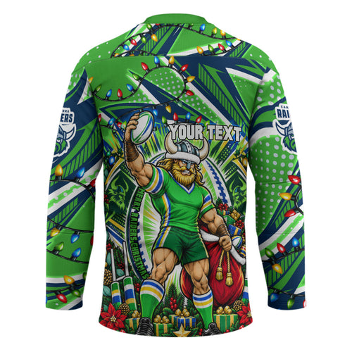 Personalized Canberra Raiders Rugby Christmas Hockey Jersey Holiday Mascot Graphic Art Festive Lights Bow