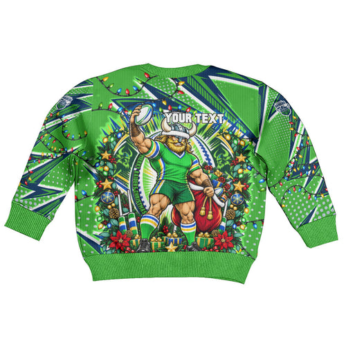 Personalized Canberra Raiders Rugby Christmas Kid Ugly Christmas Sweater Holiday Mascot Graphic Art Festive Lights Bow