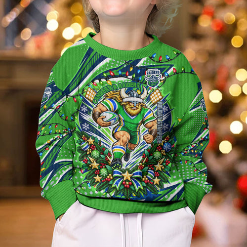 Personalized Canberra Raiders Rugby Christmas Kid Ugly Christmas Sweater Holiday Mascot Graphic Art Festive Lights Bow