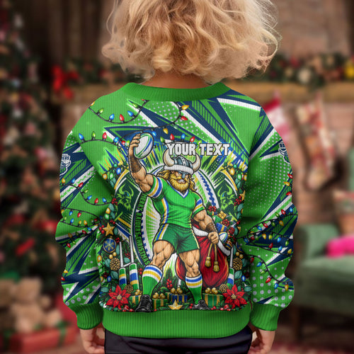 Personalized Canberra Raiders Rugby Christmas Kid Ugly Christmas Sweater Holiday Mascot Graphic Art Festive Lights Bow