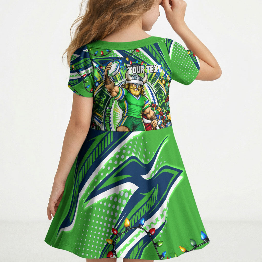 Personalized Canberra Raiders Rugby Christmas Kid Short Sleeve Dress Holiday Mascot Graphic Art Festive Lights Bow