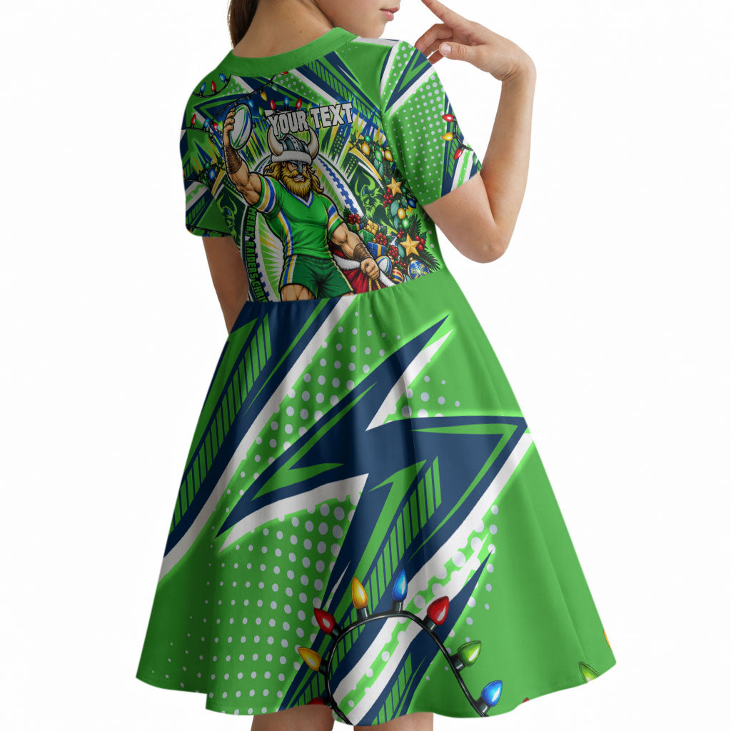 Personalized Canberra Raiders Rugby Christmas Kid Short Sleeve Dress Holiday Mascot Graphic Art Festive Lights Bow