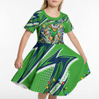 Personalized Canberra Raiders Rugby Christmas Kid Short Sleeve Dress Holiday Mascot Graphic Art Festive Lights Bow