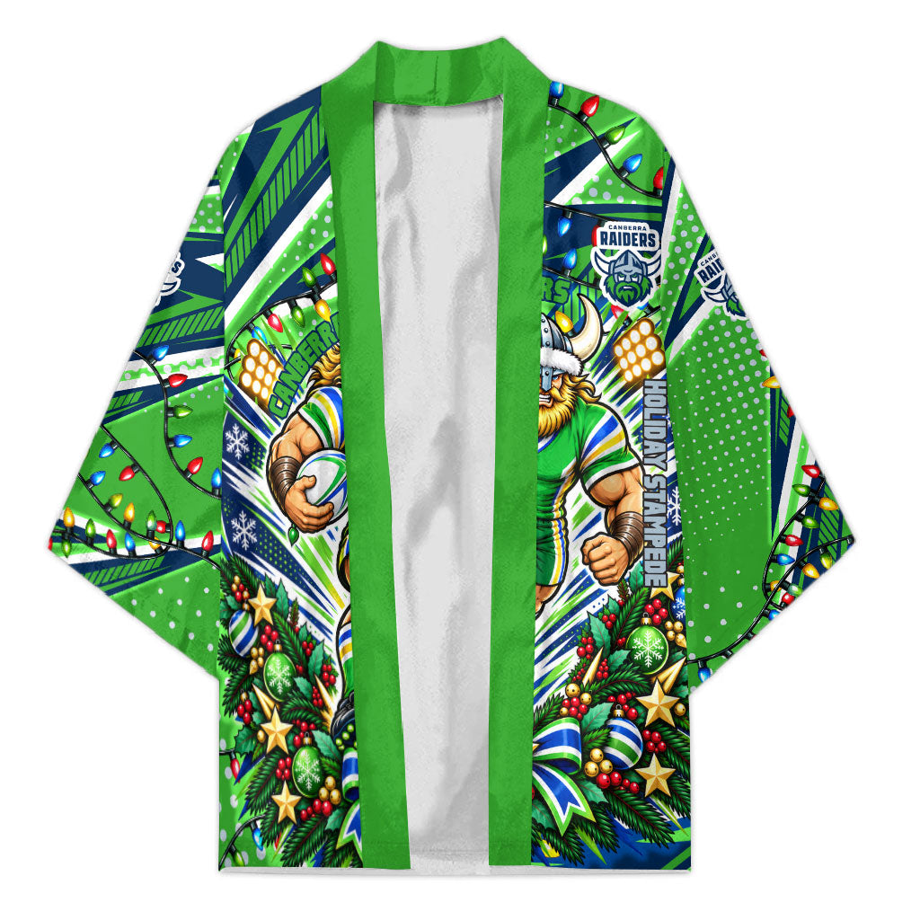 Personalized Canberra Raiders Rugby Christmas Kimono Holiday Mascot Graphic Art Festive Lights Bow