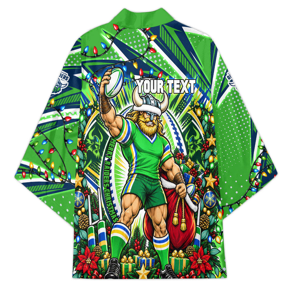 Personalized Canberra Raiders Rugby Christmas Kimono Holiday Mascot Graphic Art Festive Lights Bow