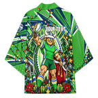 Personalized Canberra Raiders Rugby Christmas Kimono Holiday Mascot Graphic Art Festive Lights Bow