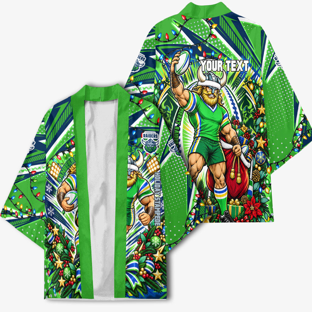 Personalized Canberra Raiders Rugby Christmas Kimono Holiday Mascot Graphic Art Festive Lights Bow