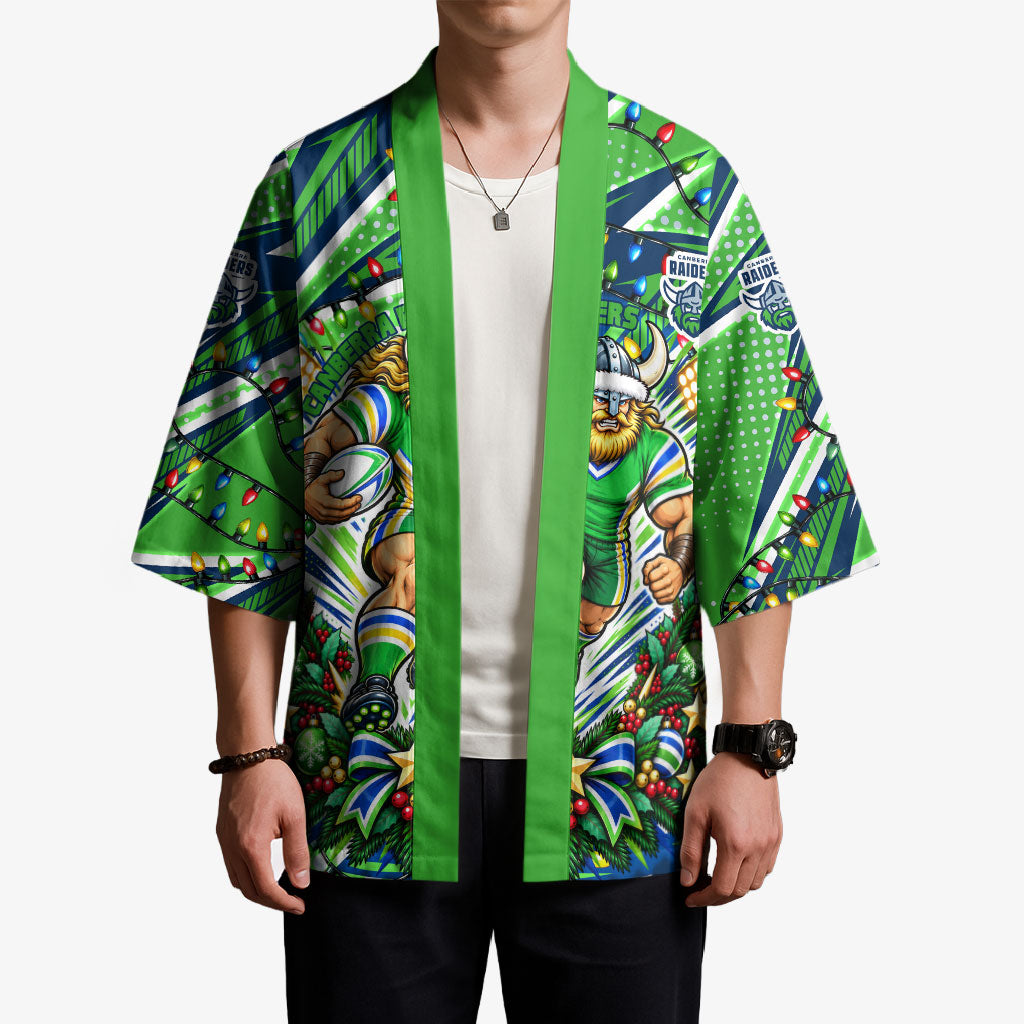 Personalized Canberra Raiders Rugby Christmas Kimono Holiday Mascot Graphic Art Festive Lights Bow