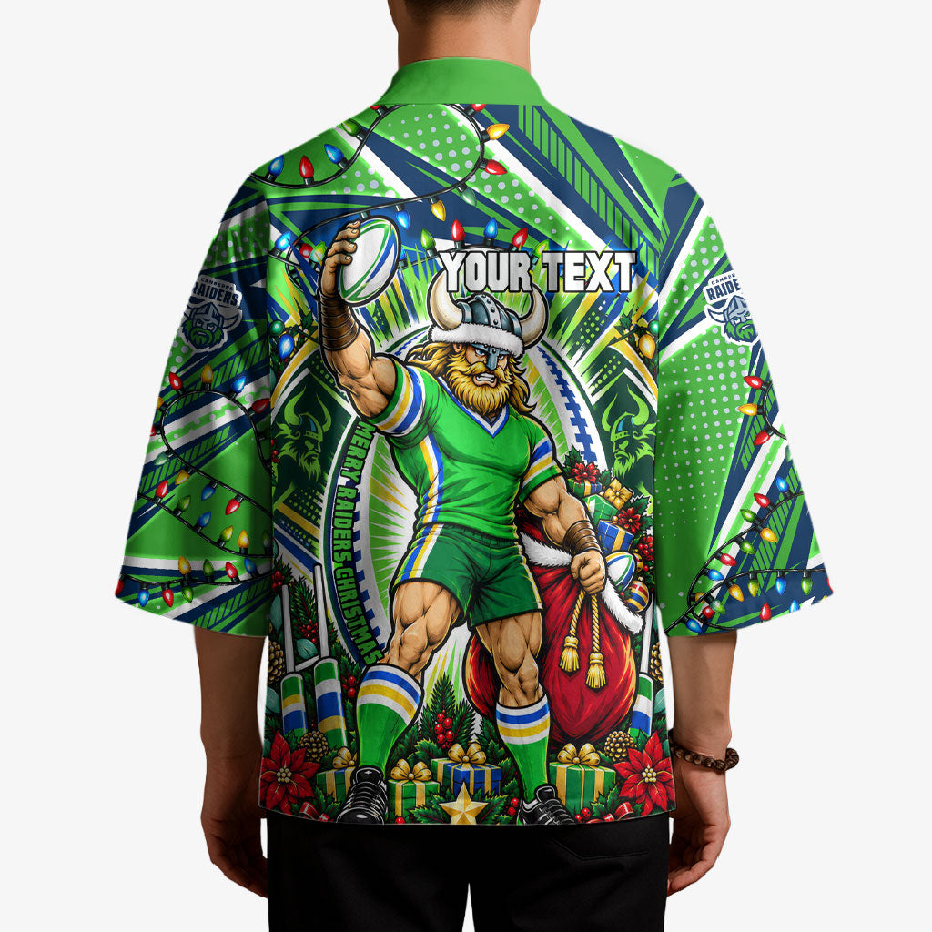 Personalized Canberra Raiders Rugby Christmas Kimono Holiday Mascot Graphic Art Festive Lights Bow
